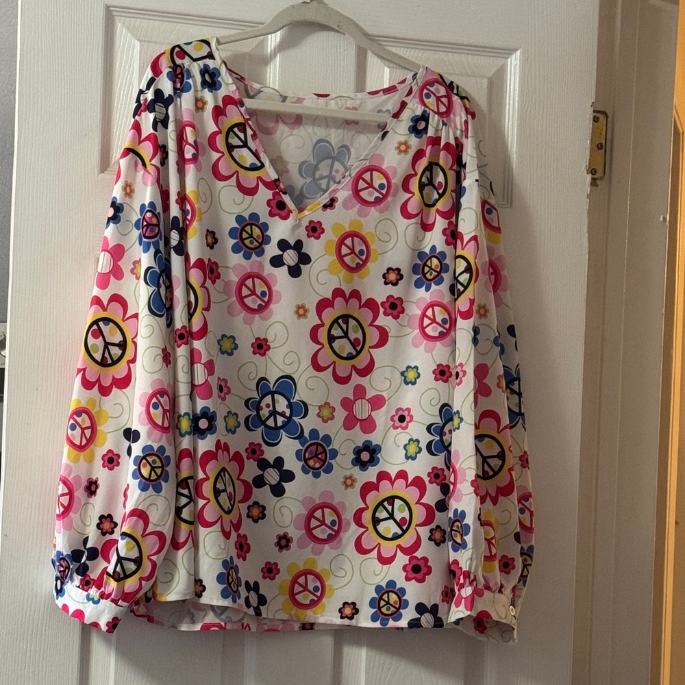 White Floral Peace Sign V-Neck Blouse